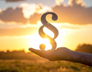 A person's hand holds a paragraph sign silhouetted against a setting sun