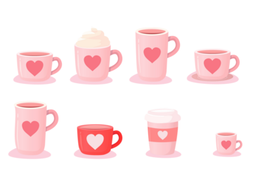 Cozy pastel Valentine illustration set with heart mugs, to-go cup, cute drink collection, love-themed elements, perfect for romantic café artwork, February celebration graphics and sweet greeting card