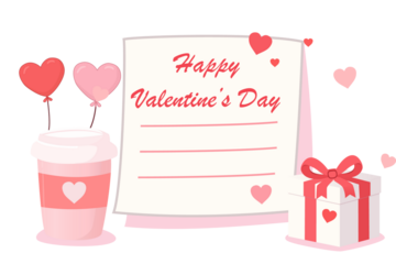 Cozy pastel Valentine illustration set with heart mugs, to-go cup, cute drink collection, love-themed elements, perfect for romantic café artwork, February celebration graphics and sweet greeting card