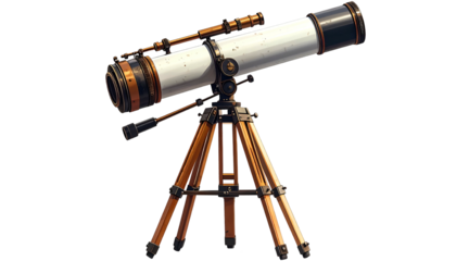 A detailed image of an antique refracting telescope on a wooden tripod against a black background