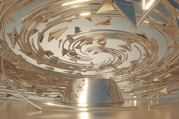 Dynamic Valentine's Day Product Display with Metallic Swirls and Floating Geometric Golden Elements