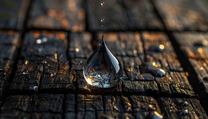 A singular droplet of pure water suspended above charred wood, reflecting light