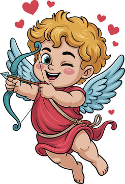 Cartoon cupid aiming bow and arrow surrounded by floating hearts romantic cherub character illustration for valentine's day love celebration holiday themed design element for greeting cards and social