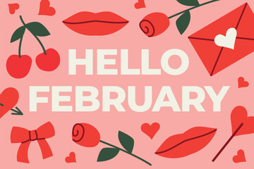 Hello February text paired with cute Valentine&rsquo;s Day icons, perfect for seasonal designs, greeting cards, social media posts, posters and holiday marketing projects- vector illustration