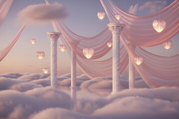 Ancient Roman Temple Columns Amidst Clouds with Glowing Hearts and Pink Drapes for Valentine's Day