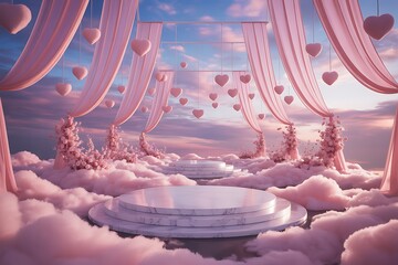 Romantic Sky Stage for Valentine's Day with Marble Pedestals, Pink Clouds, and Floating Paper Hearts