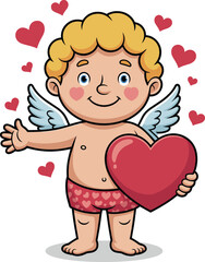 Fototapeta premium Cute cartoon cupid character holding big red heart for valentines day holiday illustration of winged baby angel expressing love and romance for greeting cards and romantic designs and seasonal holiday