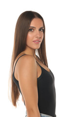 Side view portrait of a young woman with long brown hair wearing a black top, studio shot on a white background.