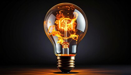 A glowing lightbulb, with fiery energy emanating inside, against a dark backdrop