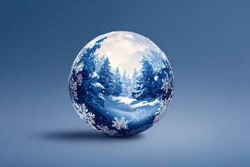 Snow globe featuring vibrant blue trees and white snow, creating a serene winter landscape, encapsulated in glass, perfect for holiday decorations and seasonal themes