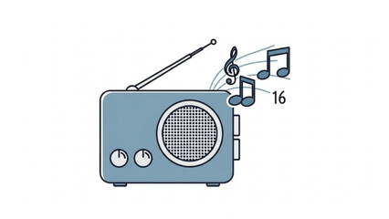 Vintage blue radio with music notes and antenna emitting sound waves on white background