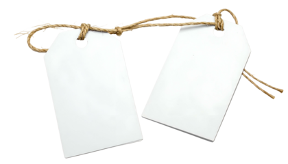 Two blank white rectangular tags tied together with natural twine, isolated on black