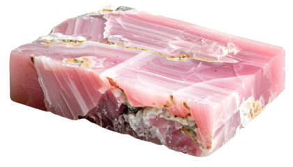 Close-up of a vibrant pink mineral specimen, layered, crystalline texture, rectangular