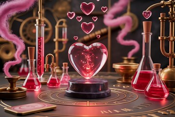 Valentine's Day Ethereal Sky Scene with Marble Pedestals, Flowing Drapes, and Floating Pink Paper Hearts