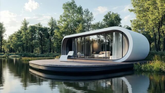 Futuristic floating house on a serene lake with green trees. Modern water home design for secluded nature retreat.