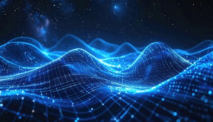 Digital rendering of a blue grid landscape with glowing particles, starry night backdrop