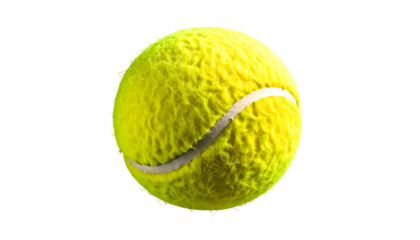 A vibrant yellow tennis ball isolated on a stark black background, showcasing details