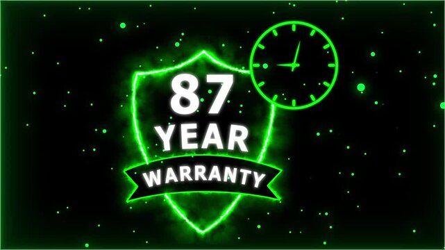 Neon Glowing Shield Badge with 87 Year Warranty Text and Clock Animation on black Futuristic Background.