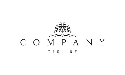 A vector logo featuring an abstract image an open book with a blooming tree growing above it, symbolizing knowledge, growth, and inspiration.