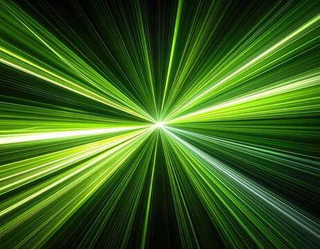 Dynamic burst of vibrant green light radiates outwards from a central, bright source