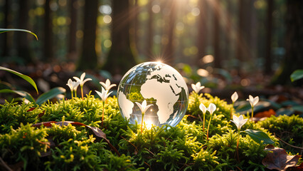 Globe on moss in forest environment representing environmental conservation