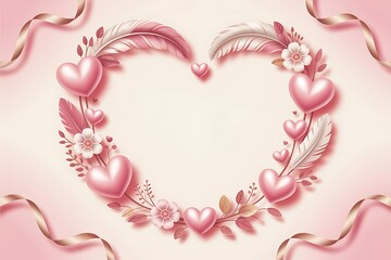 Pink Valentine's Day Wreath Frame: Romantic composition of 3D hearts, feathers, and floral elements for February 14