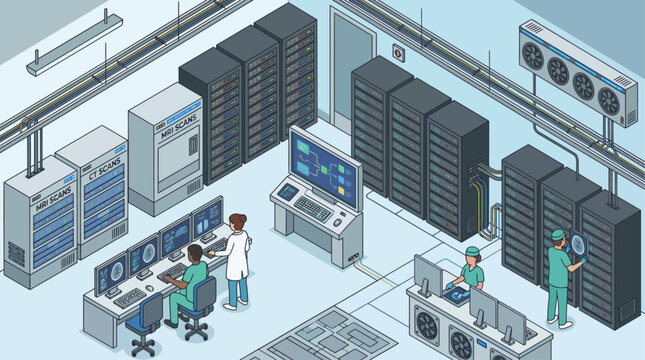 Isometric healthcare data center with medical professionals analyzing MRI & CT scans and managing server infrastructure for digital health solutions - Powered by Adobe
