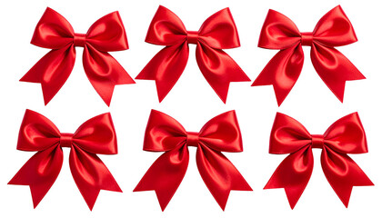 Six vibrant red satin bows with detailed textures, isolated against a black background
