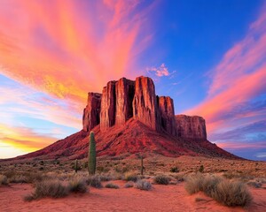 Fototapeta premium Desert mountain range with red rock formations glowing at sunset, southwestern landscape theme