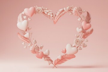 Monochromatic Valentine's Day Heart Frame: Large decorative wreath of 3D hearts, and rosette elements for February 14th.