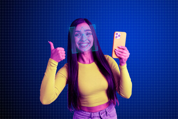 Full 3d poster collage of happy girl hold phone show like gesture scan face id verification frame software hacking cyberspace