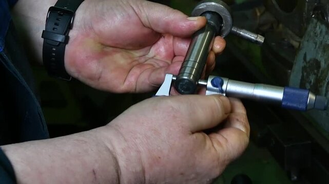 A worker holds a micrometer in his hands. A production tool for accurate measurement of parts.