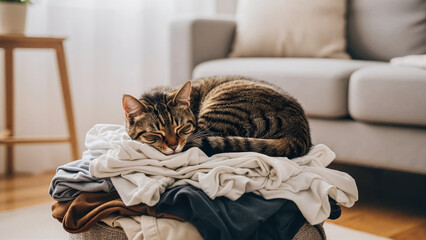 Tabby cat sleeping on pile of clothes in cozy living room  