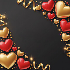 Luxury Valentine's Day Border: Black background framed by red and metallic gold 3D hearts for a February 14th design.