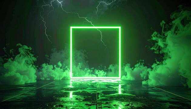 Neon green glowing square portal against a stormy backdrop with vibrant green clouds - Powered by Adobe