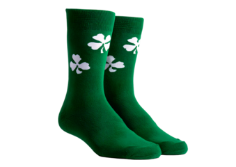 A pair of dark green socks with white clover designs displayed against black