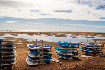 Multicolored surfboards for rent at Playa Barca beach, Costa Calma on Fuerteventura, Canary islands, Spain