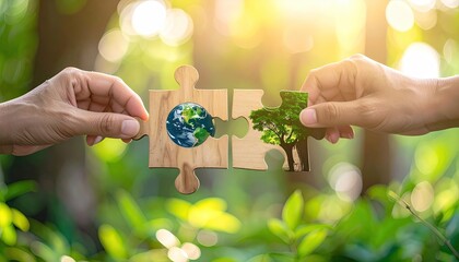 Human hands fitting puzzle pieces showing planet earth and trees, representing environmental protection
