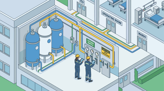 Isometric hospital oxygen supply system inspection by engineers with tablets. Medical facility infrastructure, healthcare engineering