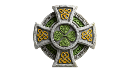 An ornate celtic cross with a central clover and detailed knotwork design