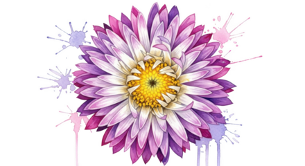 Watercolor flower with purple pink white petals yellow center and paint splatters on black background