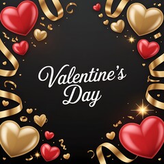 Valentine's Day Greeting Card Design: Black background with text, framed by red and gold 3D hearts,for February 14th.