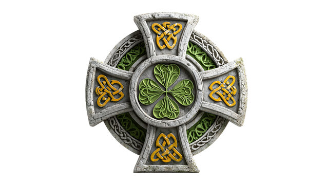 An ornate celtic cross with a central clover and detailed knotwork design