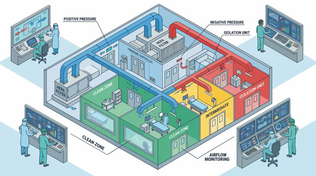 Isometric Hospital Room Diagram: HEPA Filtration, Airflow Monitoring, Isolation Units for Healthcare & Pandemic Preparedness