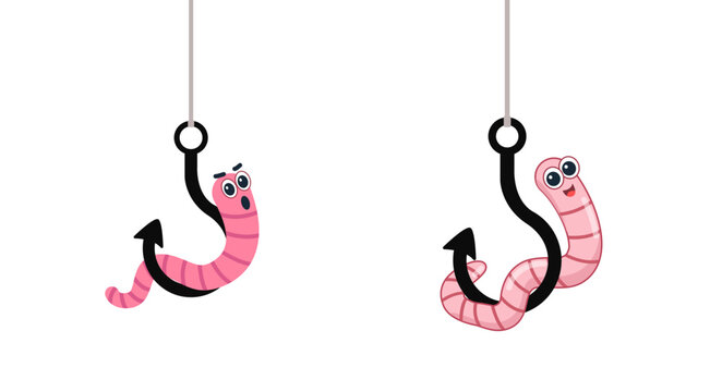Cartoon worm on a hook. emotion. isolated on a white background. vector illustration. character icon Earthworm. flat style. Crawling animal creature.