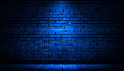 Dark blue brick wall illuminated by soft spotlight lighting. Ideal background for presentations, stage concepts, banners, posters, and modern design projects with copy space.