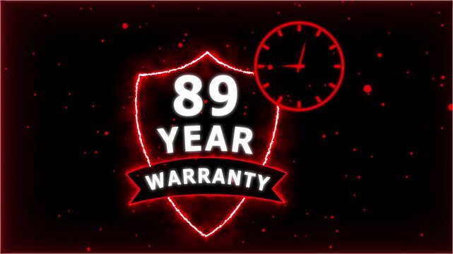 Neon Glowing Shield Badge with 89 Year Warranty Text and Clock Animation on black Futuristic Background.