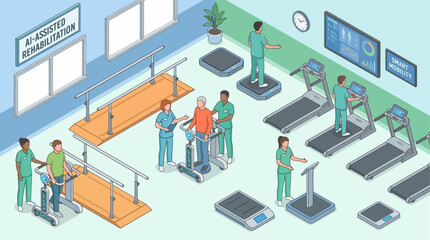 Obraz premium Isometric AI-Assisted Rehabilitation Center: Patients Exercising with Treadmills & Mobility Devices, Guided by Healthcare Professionals for Smart Recovery