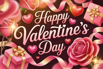 Happy Valentine's Day Text Greeting: Surrounded by lush pink roses, wrapped gifts, and hearts for February 14th.