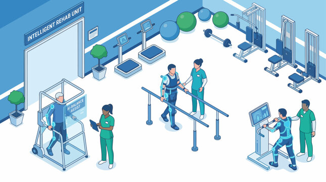 Isometric Rehabilitation Center: Patients using AI-Powered Exoskeletons for Physical Therapy with Medical Staff Assistance